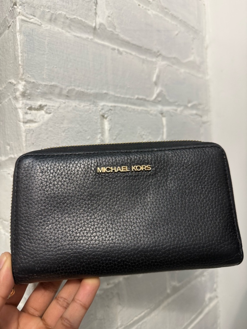 Michael Kors Black Pebbled Leather Zip-Around Wallet with Gold Logo